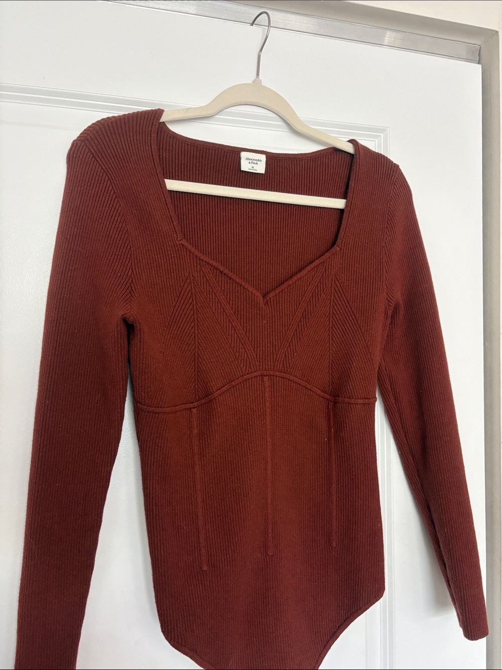 Abercrombie & Fitch Ribbed V-Neck Bodysuit Sweater - Rust